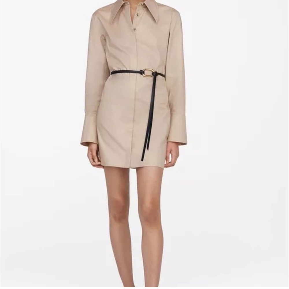 Anine Bing Tiffany Poplin Mini Shirtdress Long Sleeve Button Down Khaki